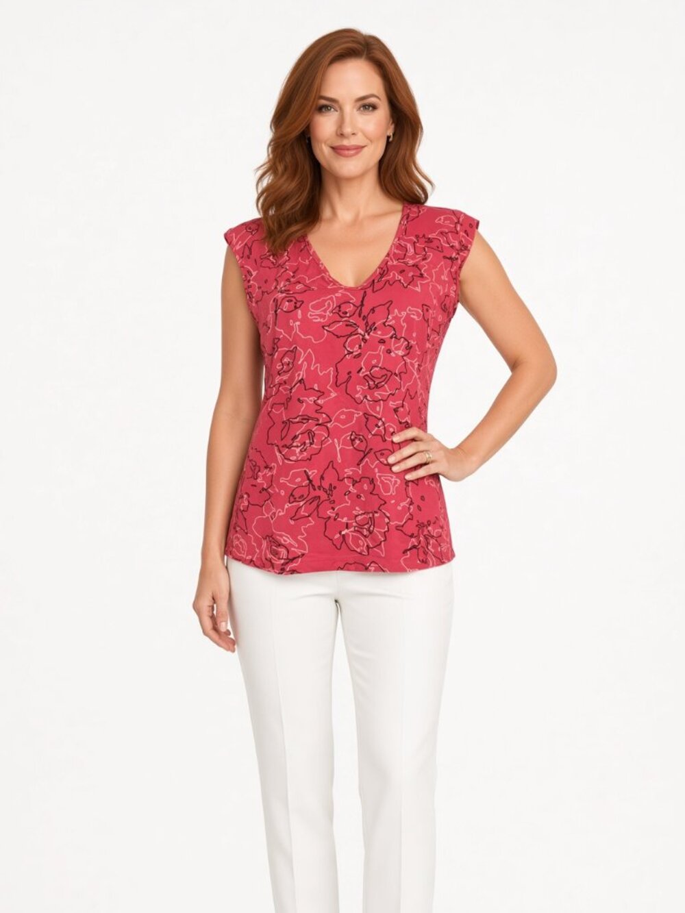 The Limited Pink Floral Line Print Sleeveless V-Neck Tank